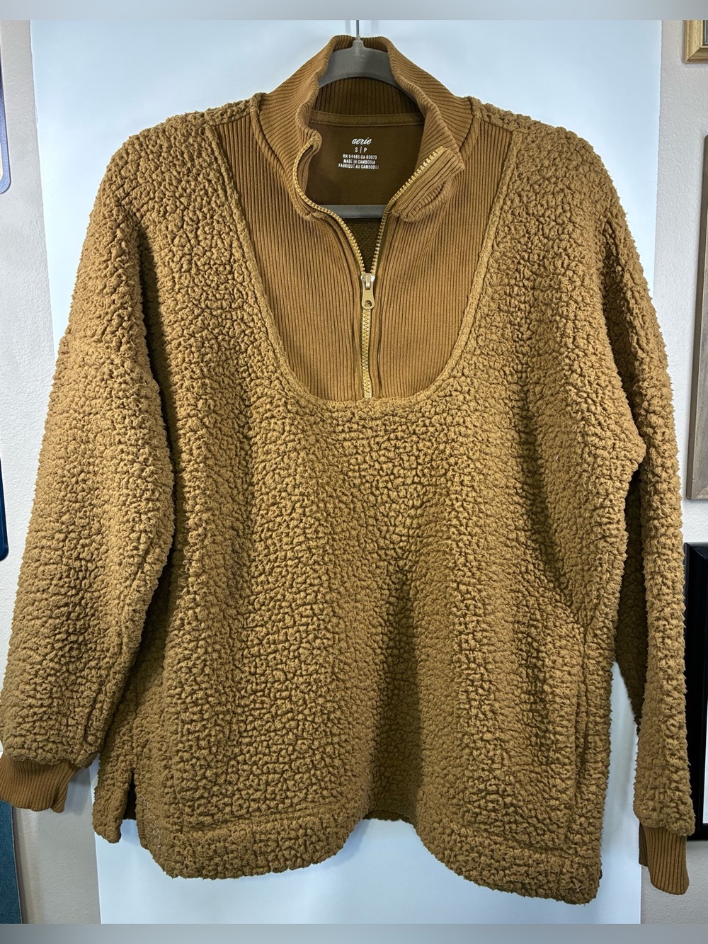 Aerie Women's Sherpa Fleece Quarter Zip Pullover Brown Size Small - Picture 1 of 6